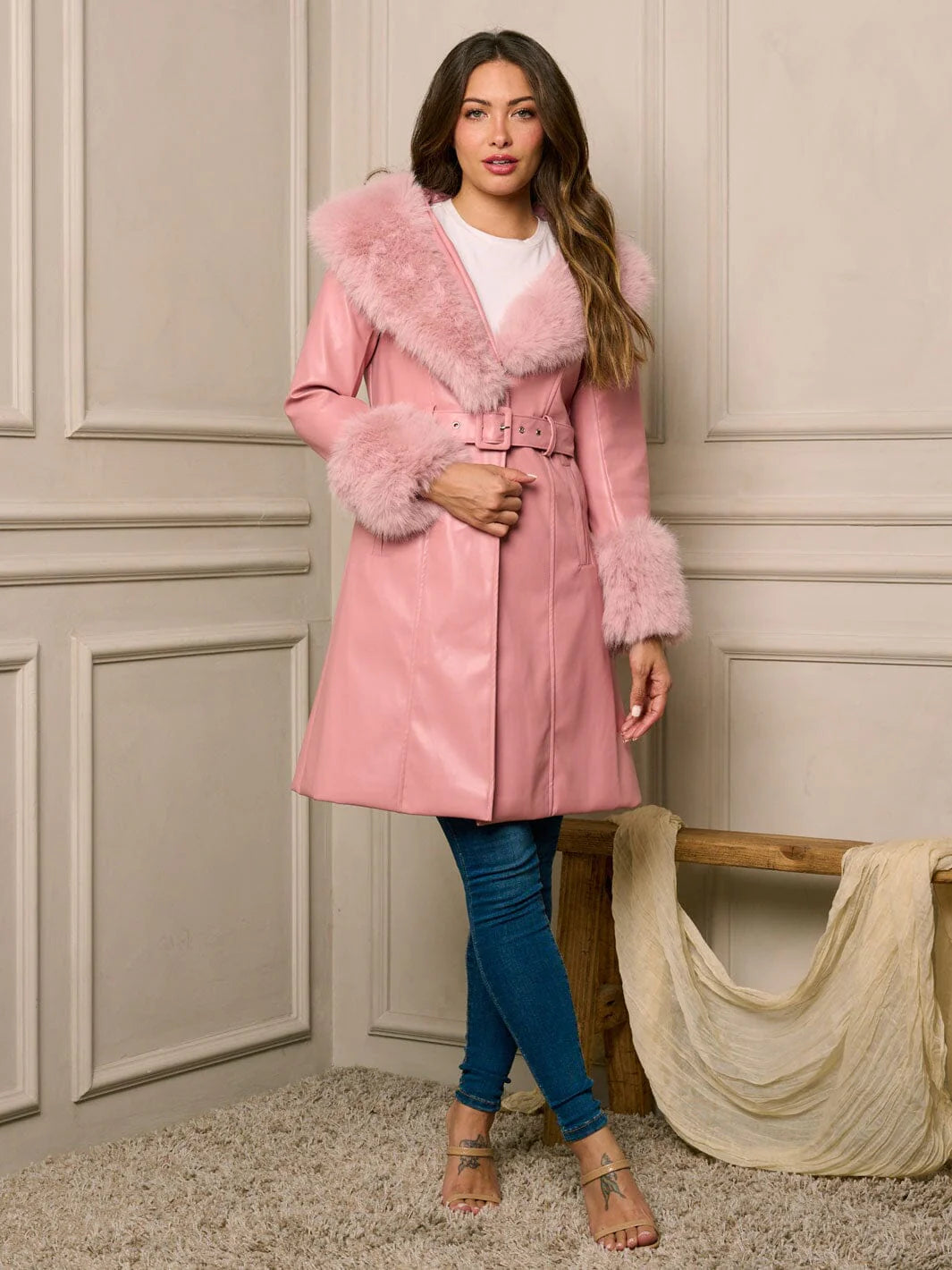 MAUVE WOMEN'S LONG SLEEVE BUTTON CLOSURE PU PLEATHER BELTED COAT
