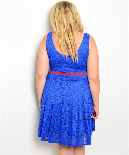 COBALT BLUE SLEEVELESS FLORAL LACE OVERLAY PLUS BELTED DRESS