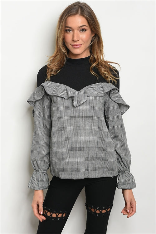 BLACK BLUE CHECKERED PLAID TOP