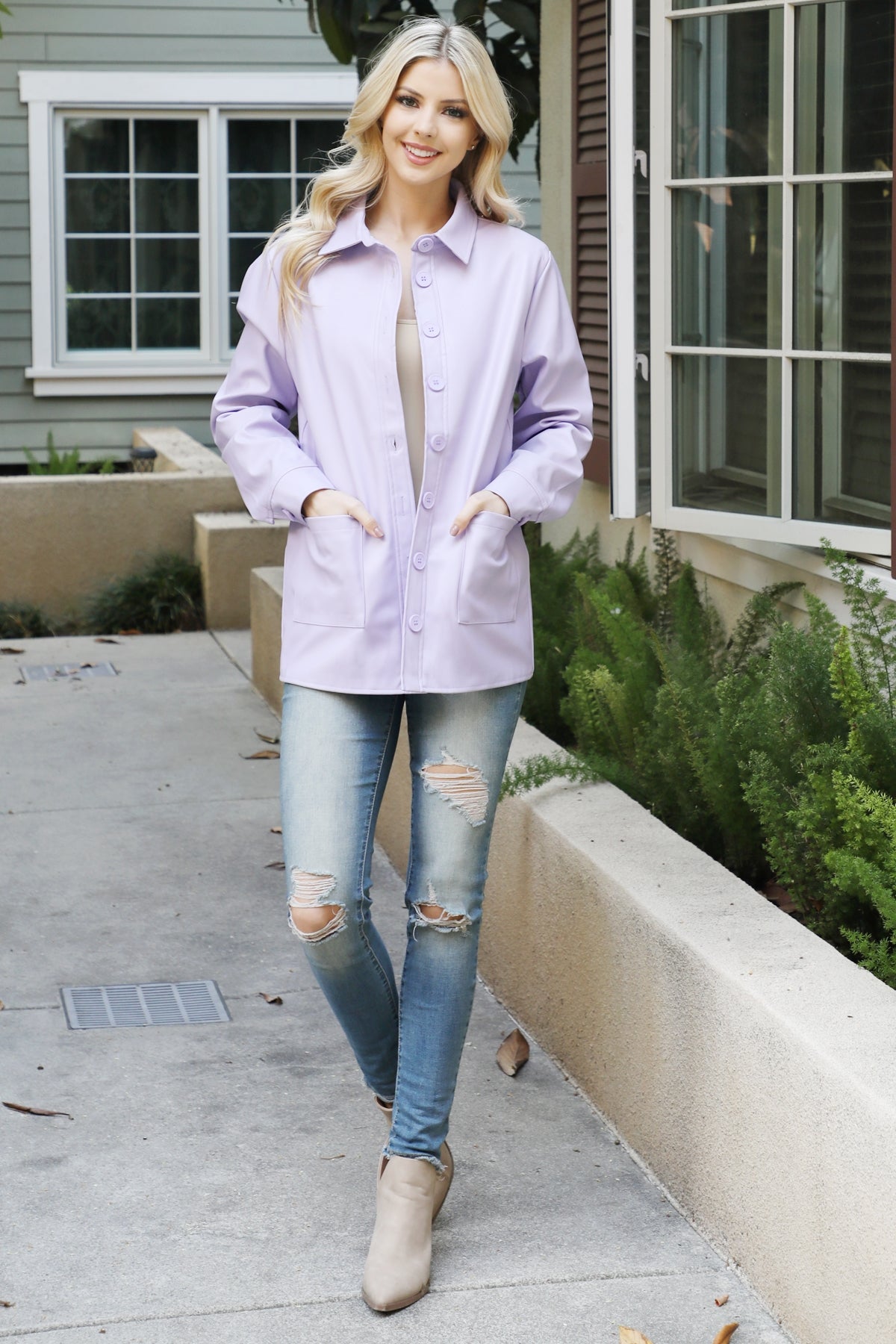 LAVENDER BUTTON DOWN LONG SLEEVE TOP