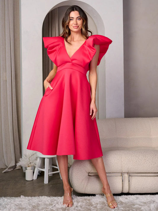 RED RUFFLE SLEEVE V-NECK POCKETS FIT & FLARE MIDI DRESS