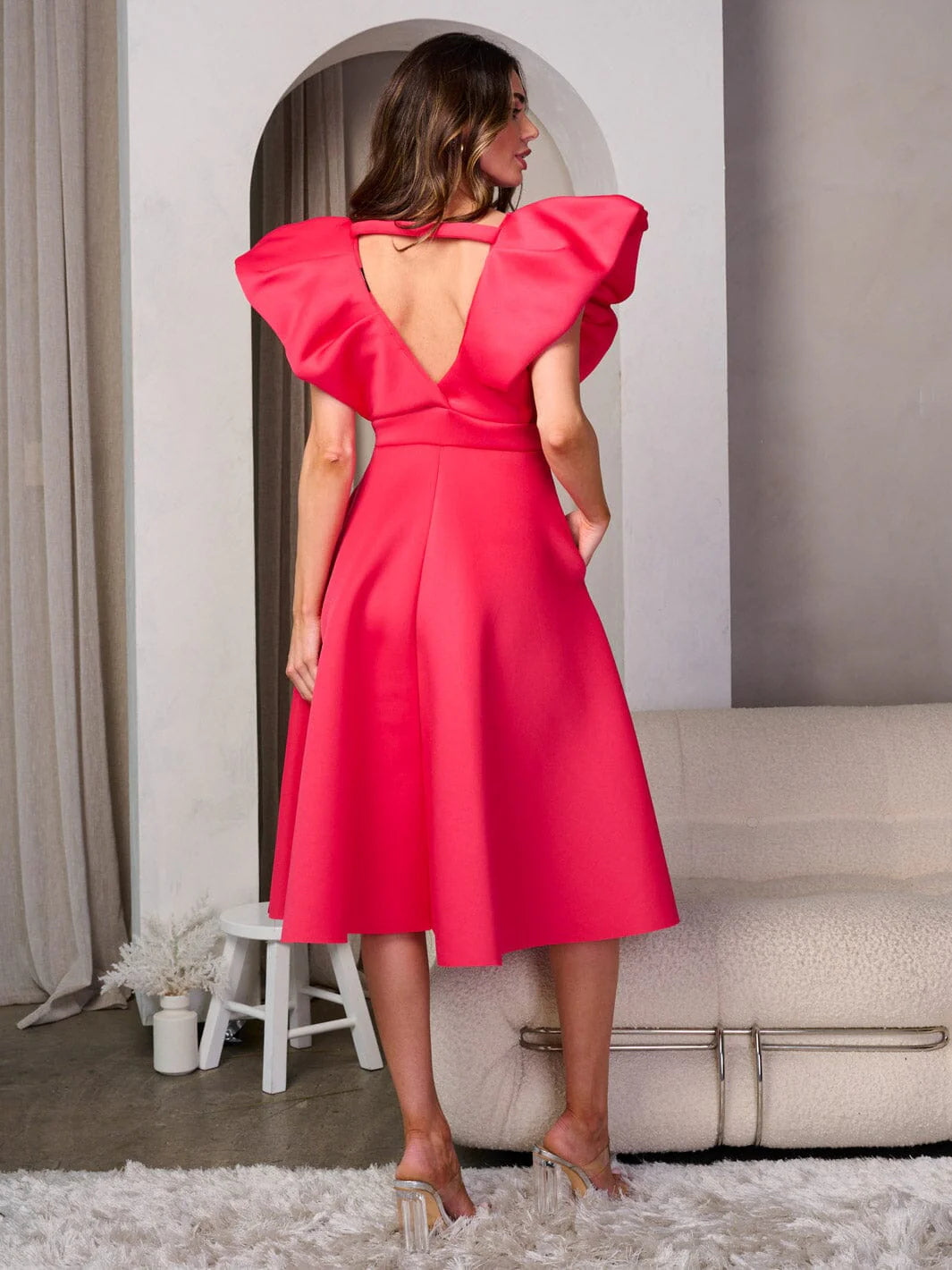 RED RUFFLE SLEEVE V-NECK POCKETS FIT & FLARE MIDI DRESS