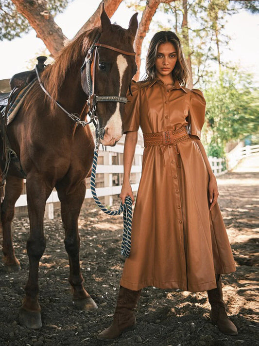 MOCHA SHORT SLEEVE POCKETS BUTTON UP PU PLEATHER MIDI DRESS