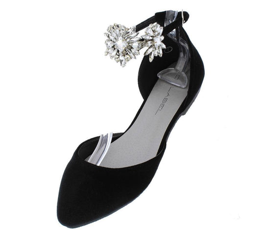 BLACK ALMOND TOE EMBELLISHED ANKLE STRAP FLAT
