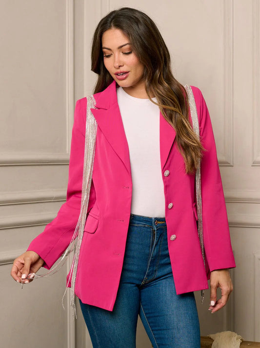 FUSCHIA LONG SLEEVE BUTTON CLOSURE STUDS DETAILED BLAZER
