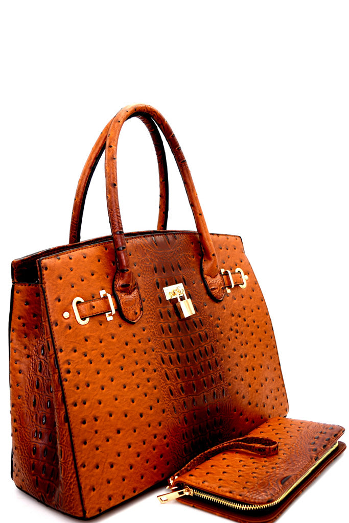 COFFEE PADLOCK ACCENT OSTRICH EMBOSSED LARGE TOTE WALLET SET