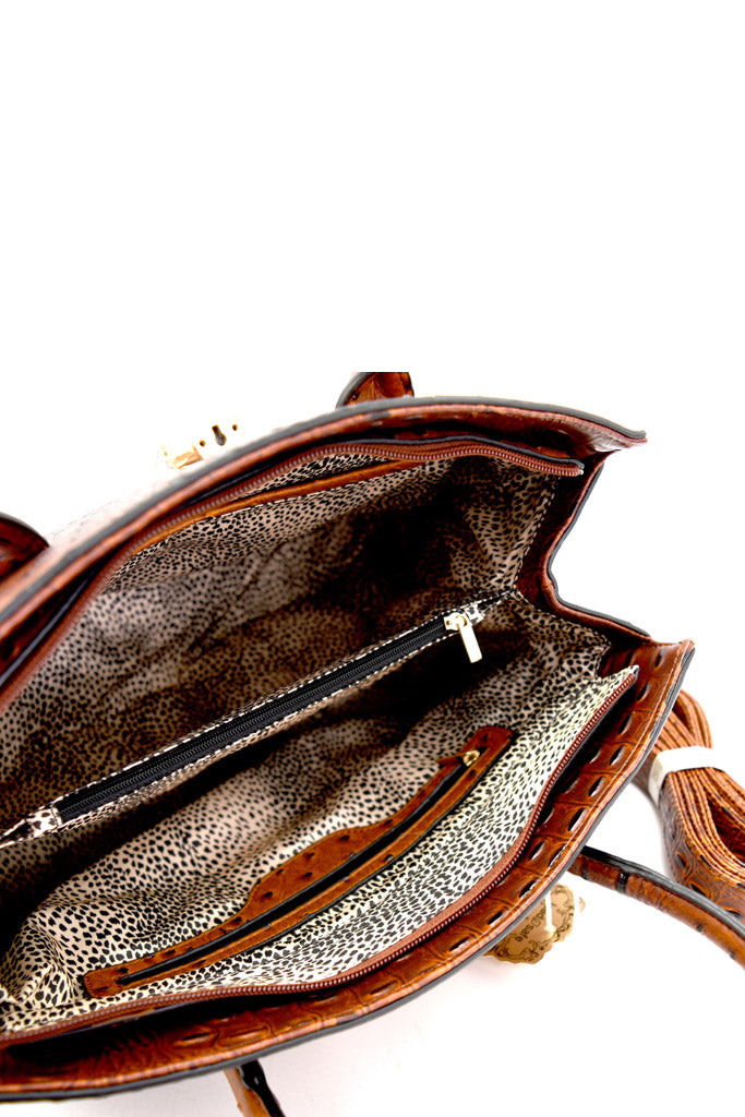 COFFEE PADLOCK ACCENT OSTRICH EMBOSSED LARGE TOTE WALLET SET