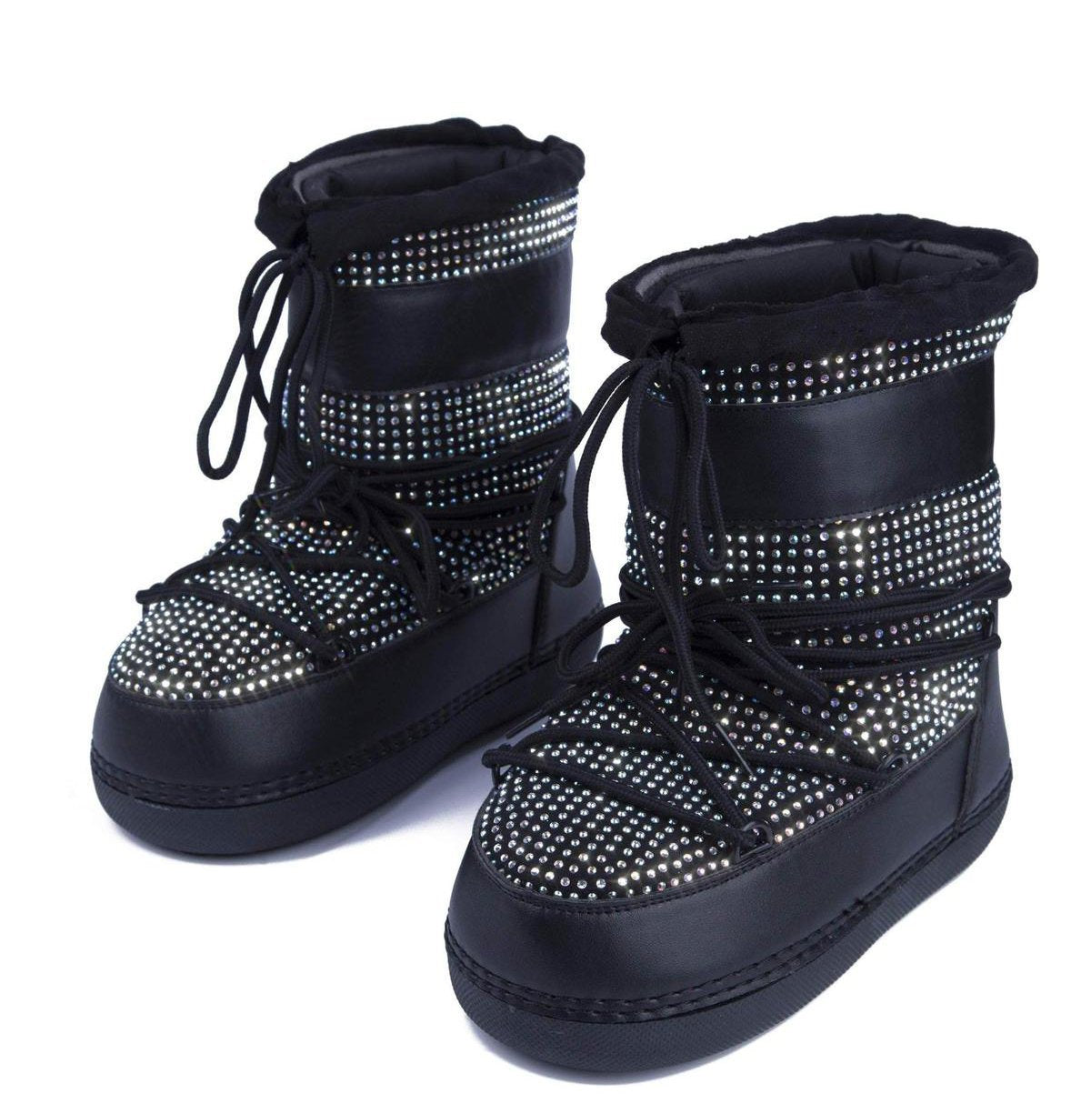 BLACK CRYSTAL RHINESTONE LACED UP BOOTIE