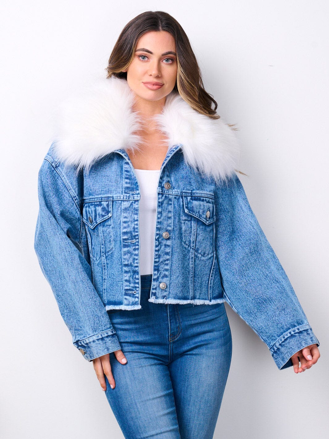 BLUE LONG SLEEVE BUTTON CLOSURE REMOVABLE COLLAR DENIM JACKET