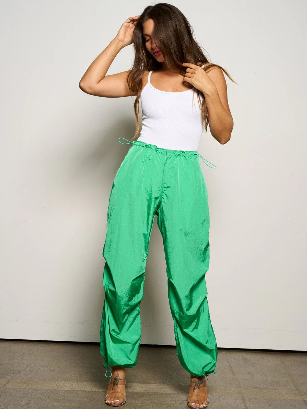 GREEN HUSKY PARACHUTE ELASTIC WAIST POCKETS JOGGER PANTS
