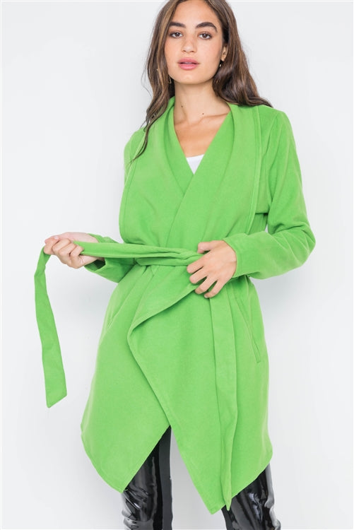 Apple Green Fleece Drape-Front Jacket