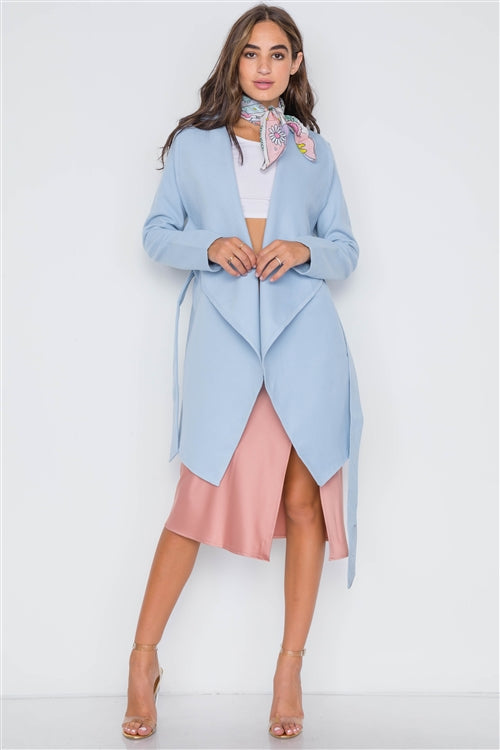 BABY BLUE FLEECE DRAPE-FRONT LONG SLEEVE JACKET