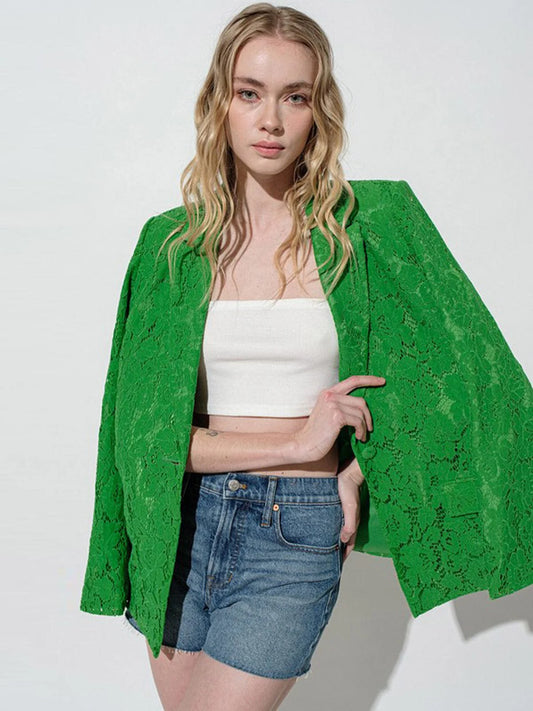 GREEN LONG SLEEVE BUTTON CLOSURE POCKETS ALL OVER LACE BLAZER