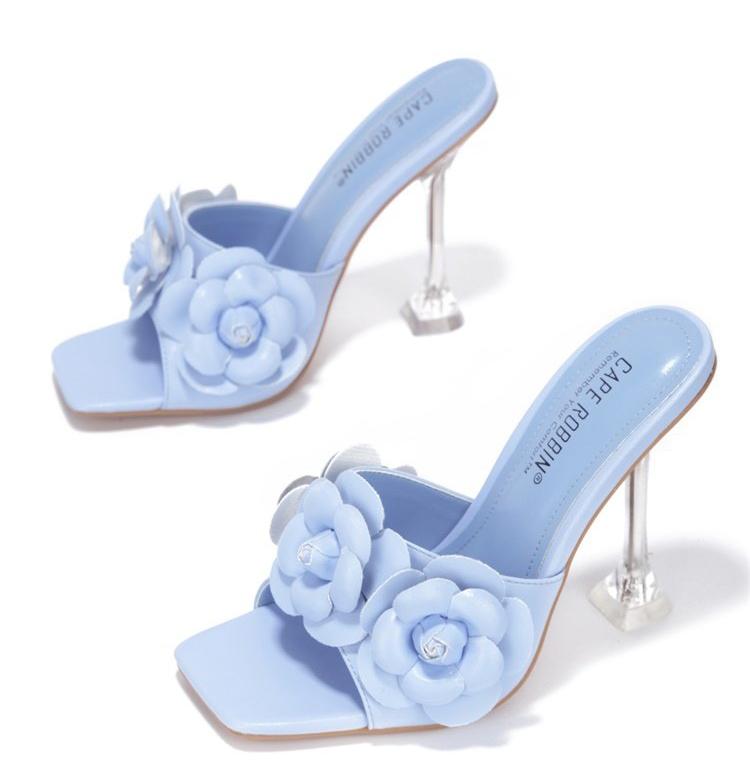 BABY BLUE OPEN TOE FLOWER RHINESTONE DETAIL HIGH HEEL
