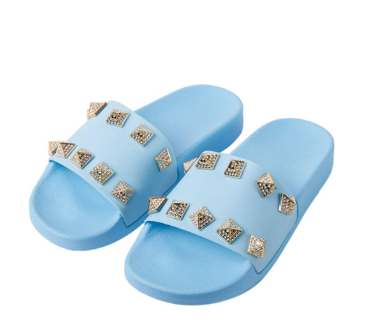 BABY BLUE OPEN TOE RHINESTONE SLIP ON SANDALS