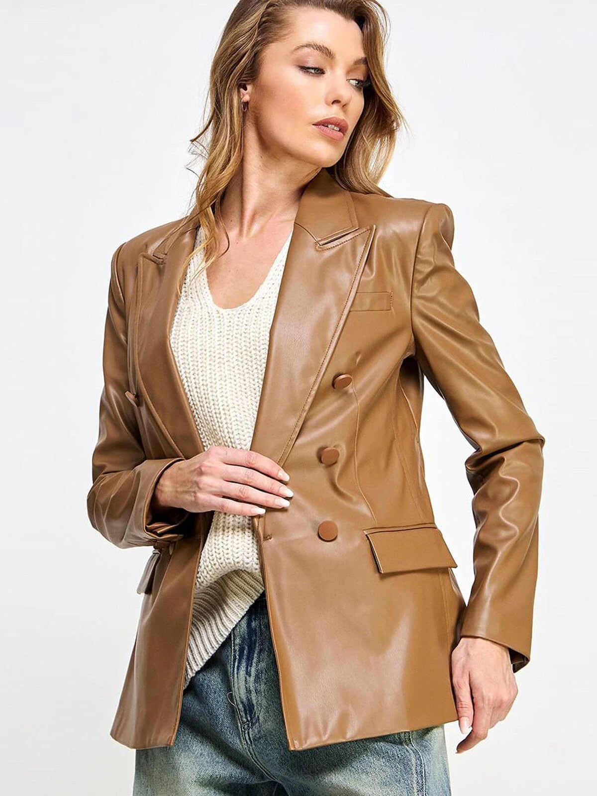 CAMEL LONG SLEEVE BUTTON CLOSURE POCKETS PU PLEATHER JACKET