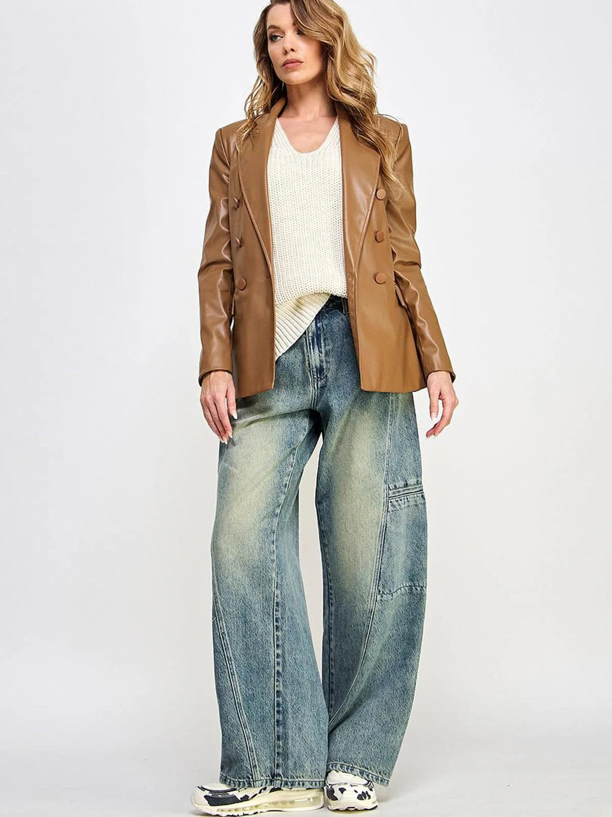 CAMEL LONG SLEEVE BUTTON CLOSURE POCKETS PU PLEATHER JACKET