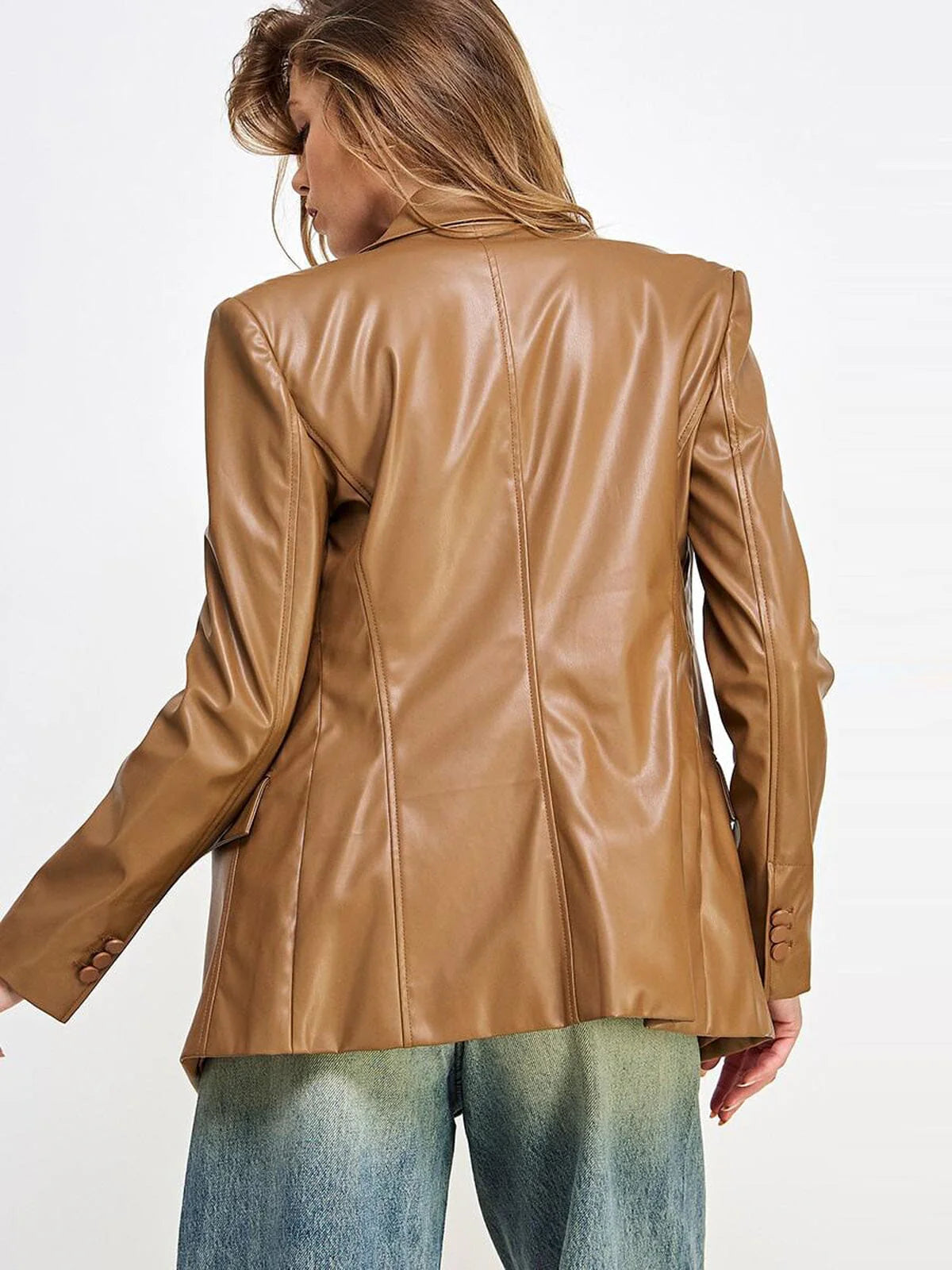 CAMEL LONG SLEEVE BUTTON CLOSURE POCKETS PU PLEATHER JACKET