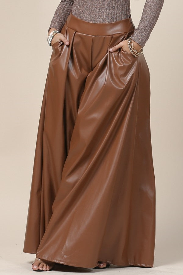 AVERIE FAUX LEATHER PALAZZO PANTS.