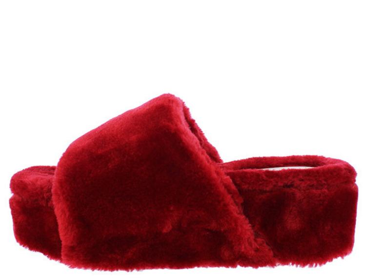 WINE FAUX FUR OPEN TOE WIDE STRAP SLIPPERS SANDALS