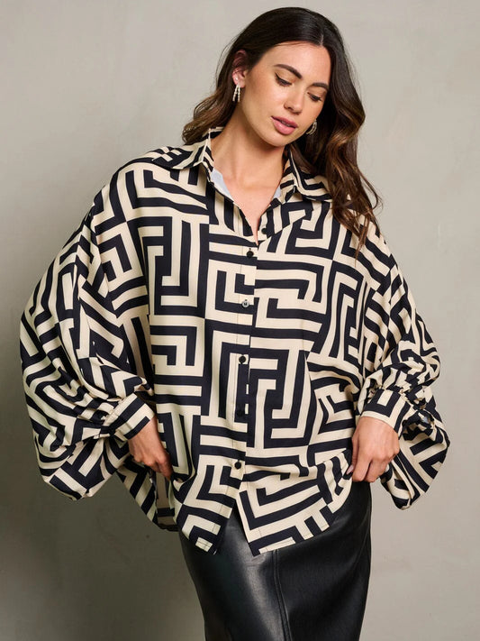 LONG DRAPE SLEEVE BUTTON UP PRINTED BLOUSE TOP