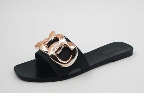 BLACK OPEN TOE CHAIN DETAIL FAUX PATENT SLIP ON SANDALS