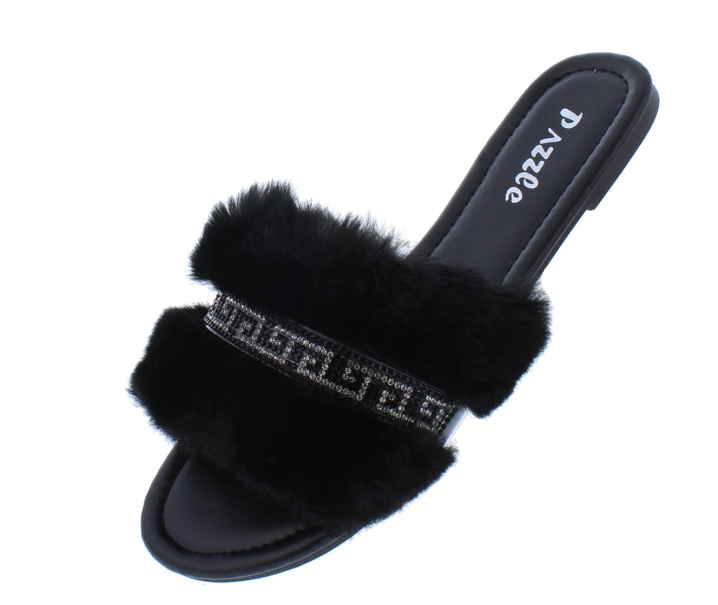 BLACK OPEN TOE RHINESTONE FAUX FUR SLIP ON