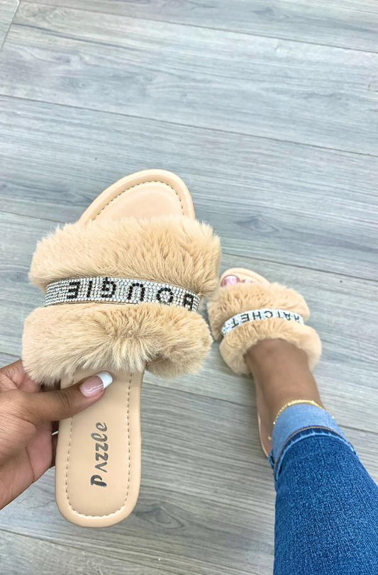 PINK OPEN TOE RHINESTONE FAUX FUR SLIP ON