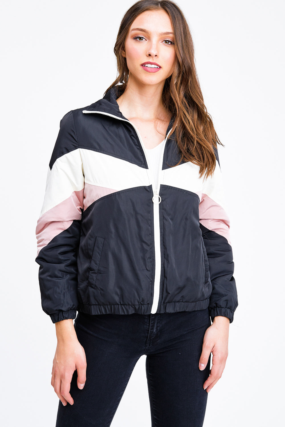BLACK COLOR BLOCK LONG SLEEVE POCKETED PUFFER TRACK JACKET