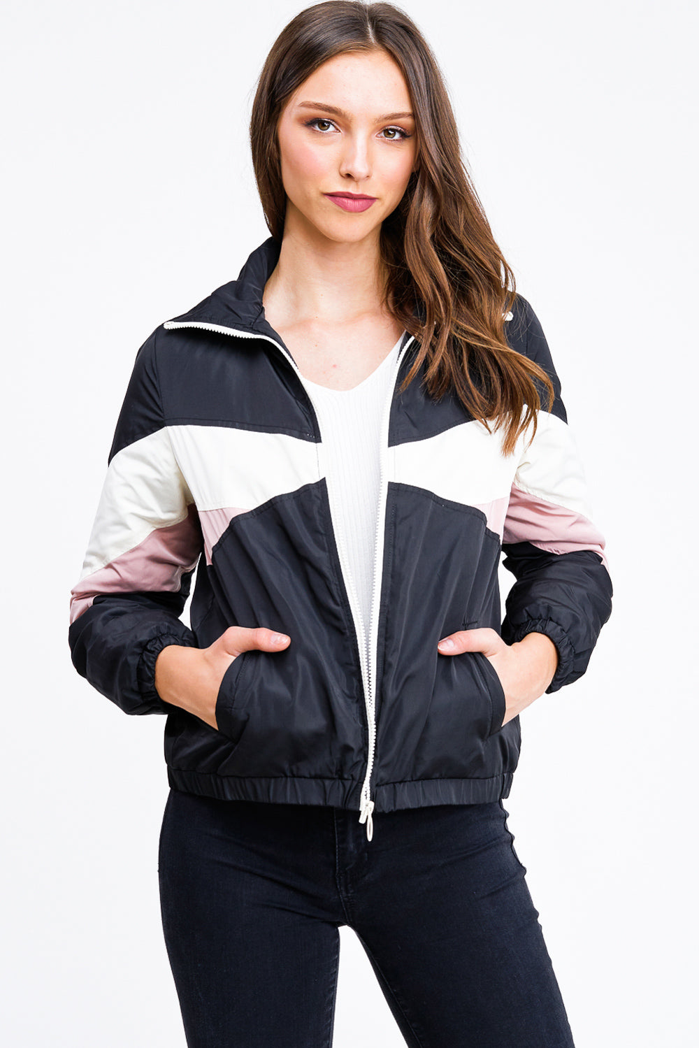 BLACK COLOR BLOCK LONG SLEEVE POCKETED PUFFER TRACK JACKET