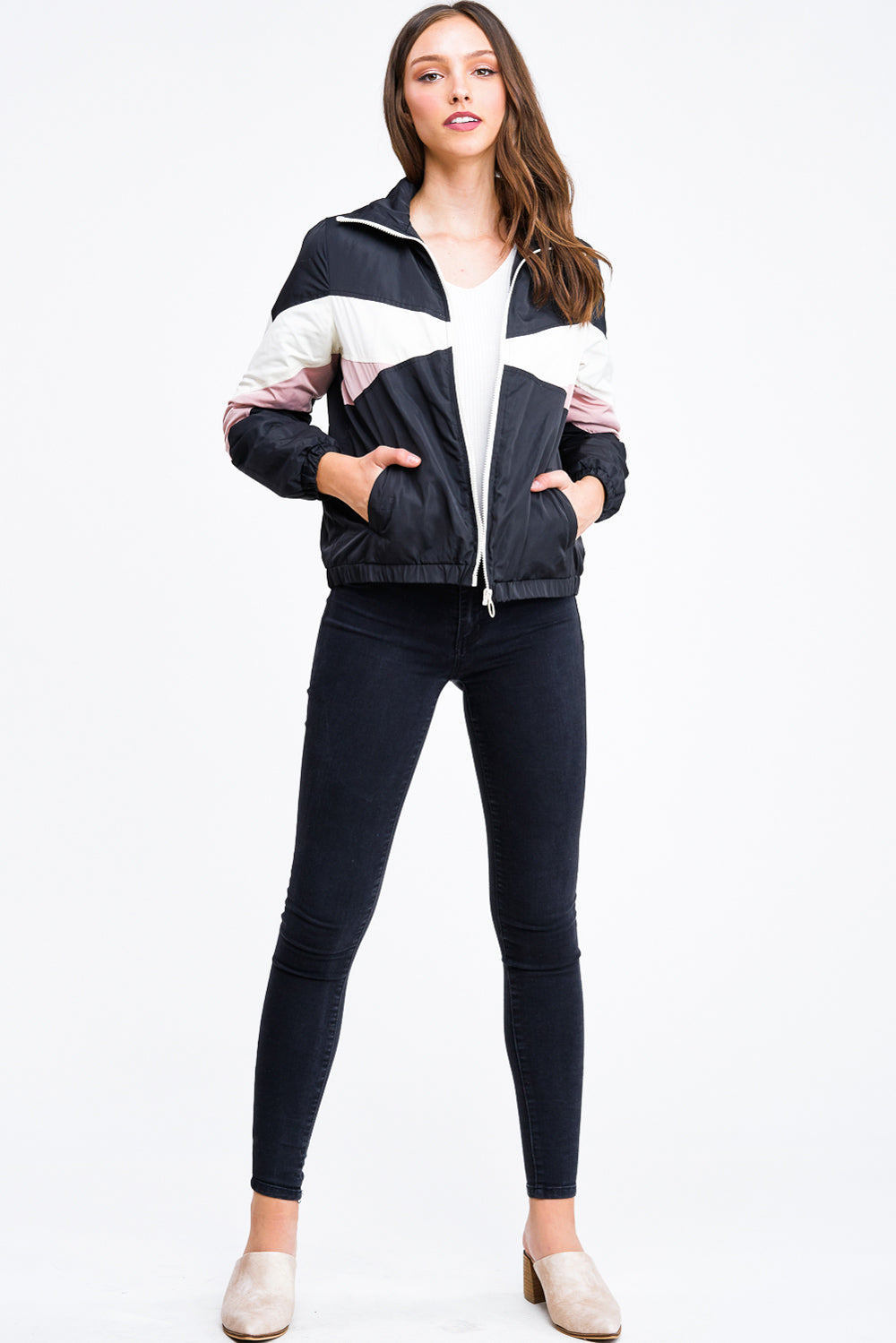 BLACK COLOR BLOCK LONG SLEEVE POCKETED PUFFER TRACK JACKET