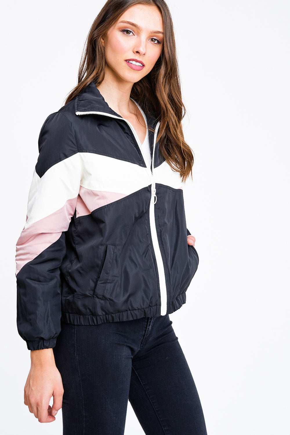 BLACK COLOR BLOCK LONG SLEEVE POCKETED PUFFER TRACK JACKET