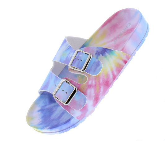 YELLOW TIE DYE DUAL BUCKLE STRAP FLAT SLIDE SANDAL