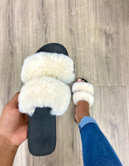 WHITE FUR DUAL STRAP MULE SLIDE SANDAL