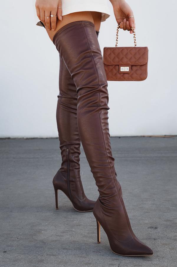 BROWN POINTY TOE THIGH HIGH BOOTS FAUX LEATHER
