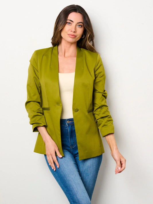 OLIVE 3/4 RUCHED SLEEVES BUTTON CLOSURE POCKETS BLAZER