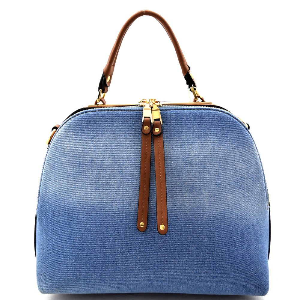 MULTI COMPARTMENTS DENIM SATCHEL BLUE/BROWN