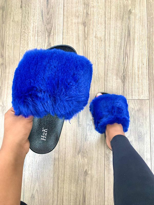 ROYAL BLUE OPEN TOE FURRY HOUSE SLIPPERS