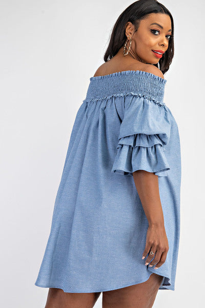 Light Denim Off Shoulder Shirt Dress With Ruffle Sleeves