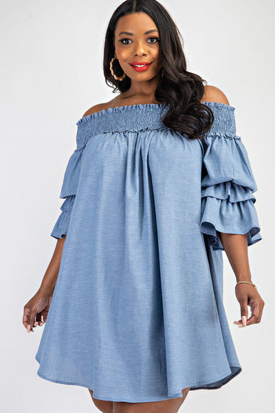 Light Denim Off Shoulder Shirt Dress With Ruffle Sleeves