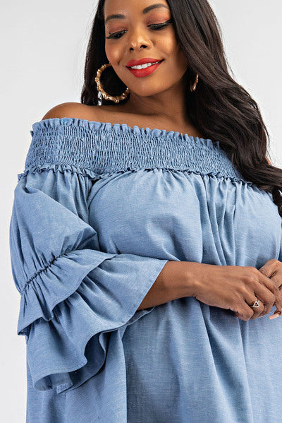 Light Denim Off Shoulder Shirt Dress With Ruffle Sleeves