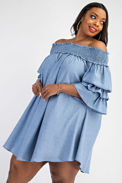 Light Denim Off Shoulder Shirt Dress With Ruffle Sleeves