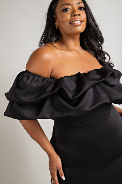 BLACK MULTI RUFFLE TUBE DRESS