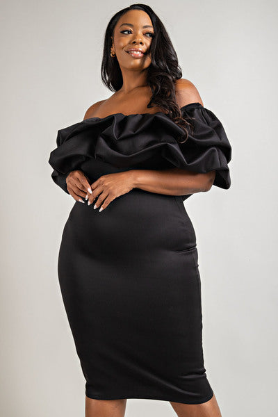 BLACK MULTI RUFFLE TUBE DRESS