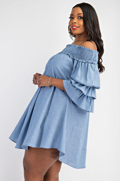 Light Denim Off Shoulder Shirt Dress With Ruffle Sleeves
