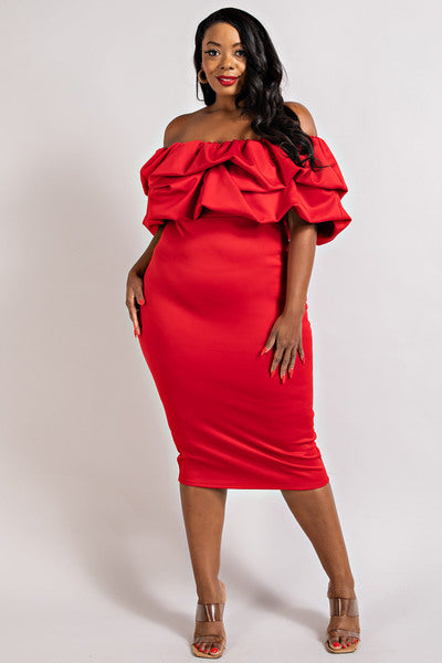 RED MULTI RUFFLE TUBE DRESS