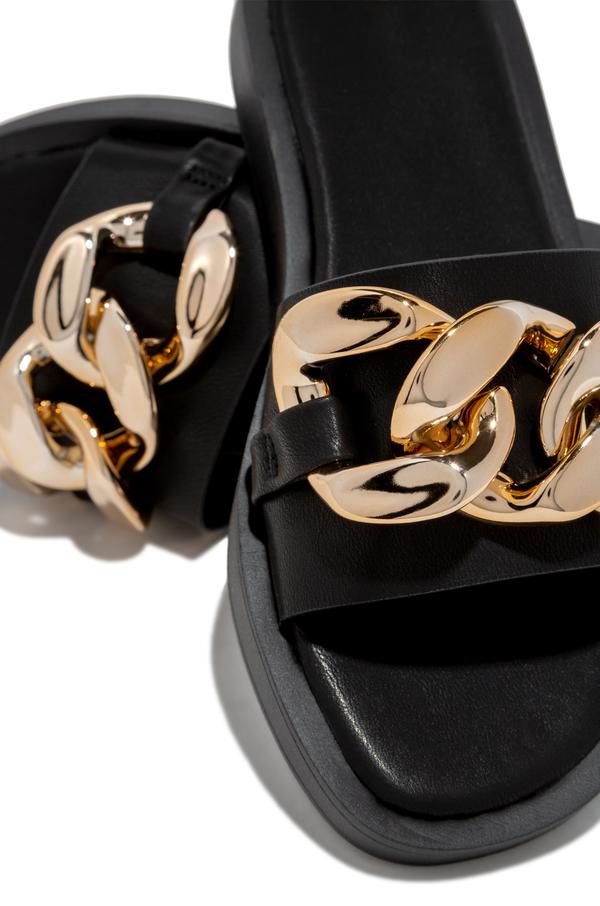 BLACK OPEN TOE CHAIN DETAIL FAUX PATENT SLIP ON SANDALS