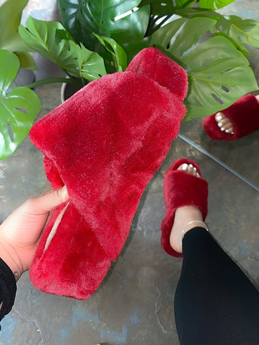 WINE FAUX FUR OPEN TOE WIDE STRAP SLIPPERS SANDALS